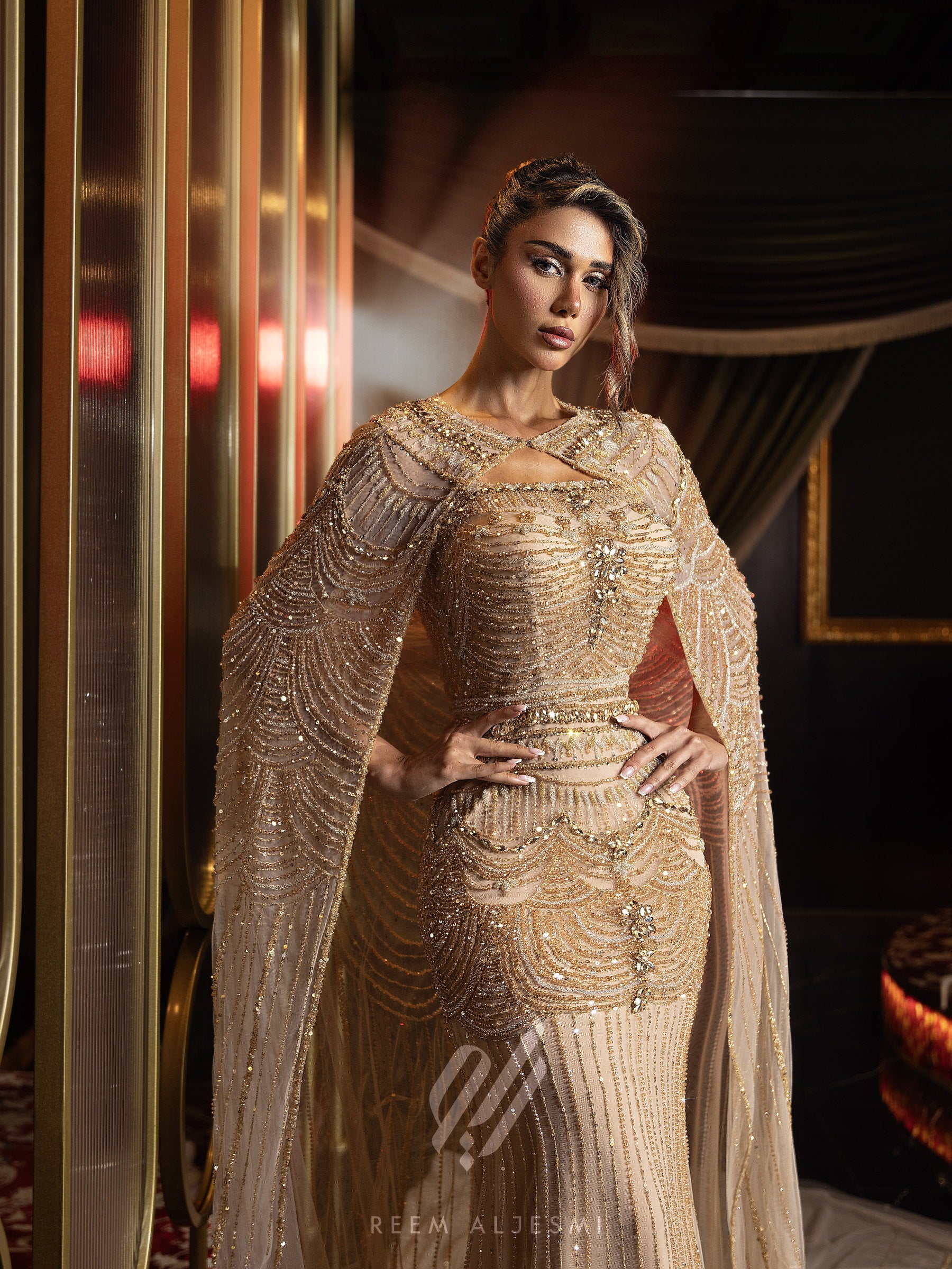 Golden Scallop Cape Gown